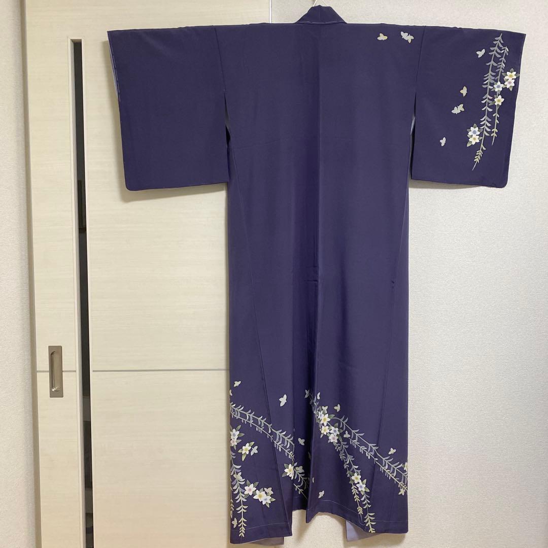 訪問着 花柄 加賀友禅　紫　落款　証紙　しつけ糸付き未使用美品　蝶々　袷　正絹