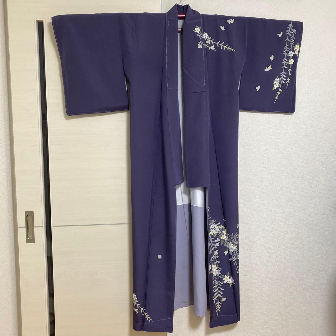 訪問着 花柄 加賀友禅　紫　落款　証紙　しつけ糸付き未使用美品　蝶々　袷　正絹