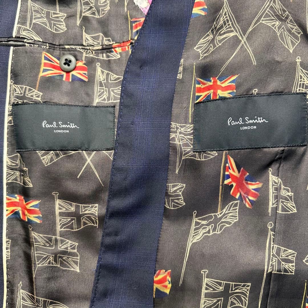 現行 極美品 ポールスミス 国旗柄 光沢 チェック 高級レダ ネイビー L 総裏