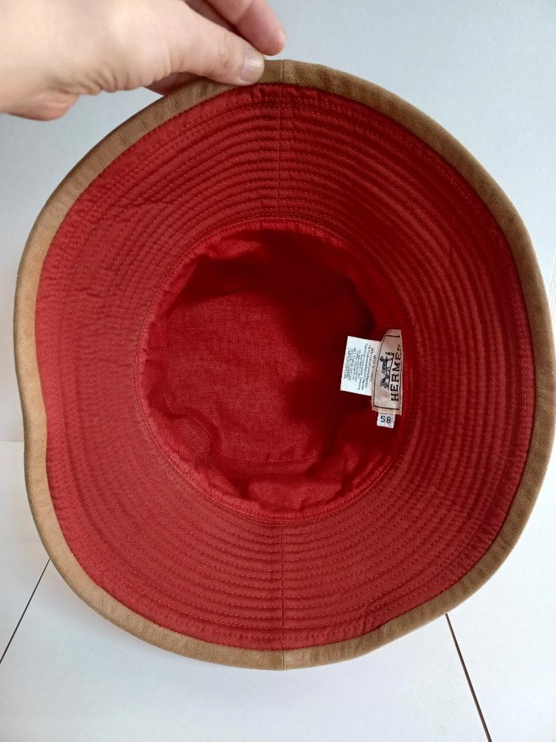 エルメス　帽子　レディース　メンズ　ユニセックス　赤色　58㎝　コットン　レザー