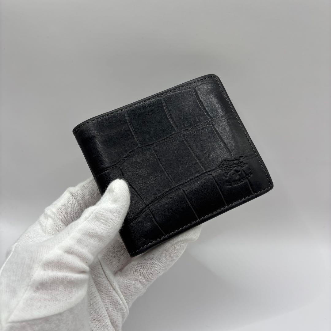 ILBISONTE 二つ折り財布　クロコ　ブラック　レザー　イルビゾンテ　ロゴ