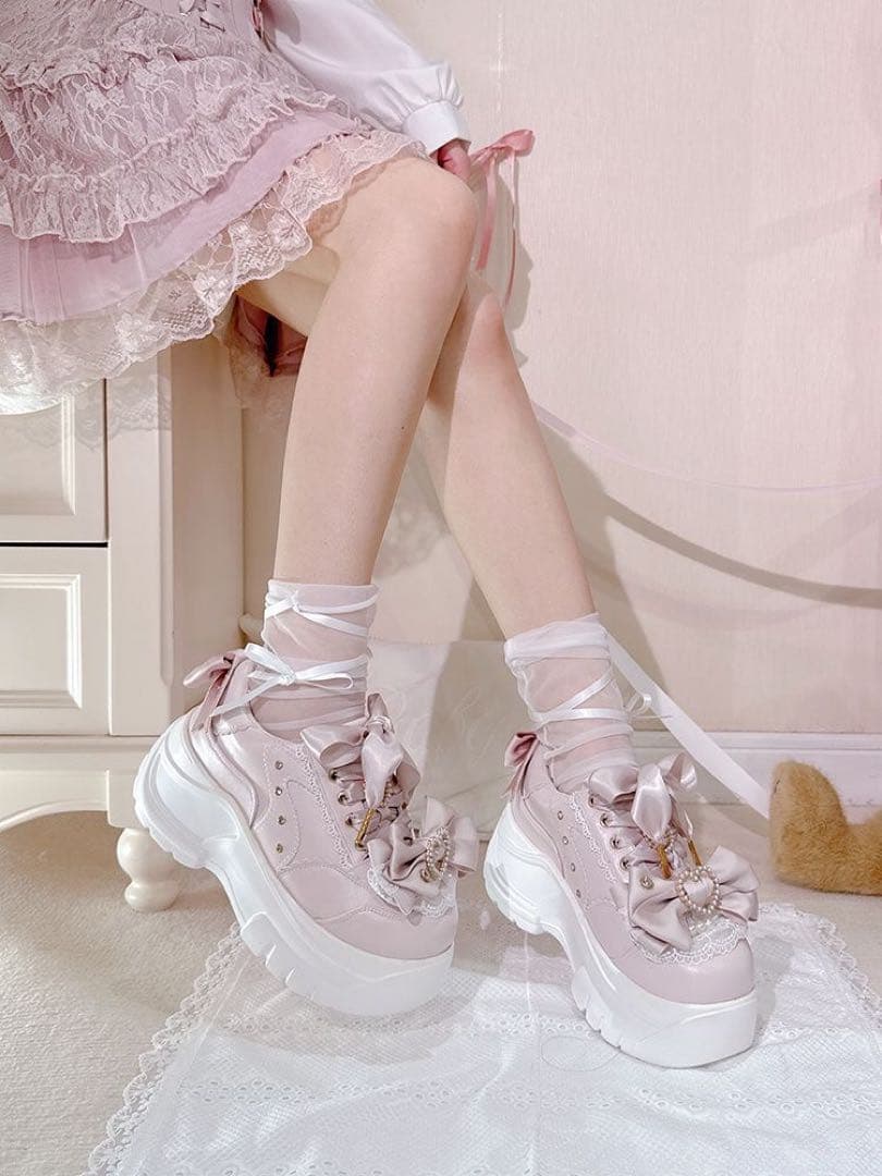 ゴスロリ 厚底スニーカー リボン シューズ 靴 Lolita 地雷系 3色お選び