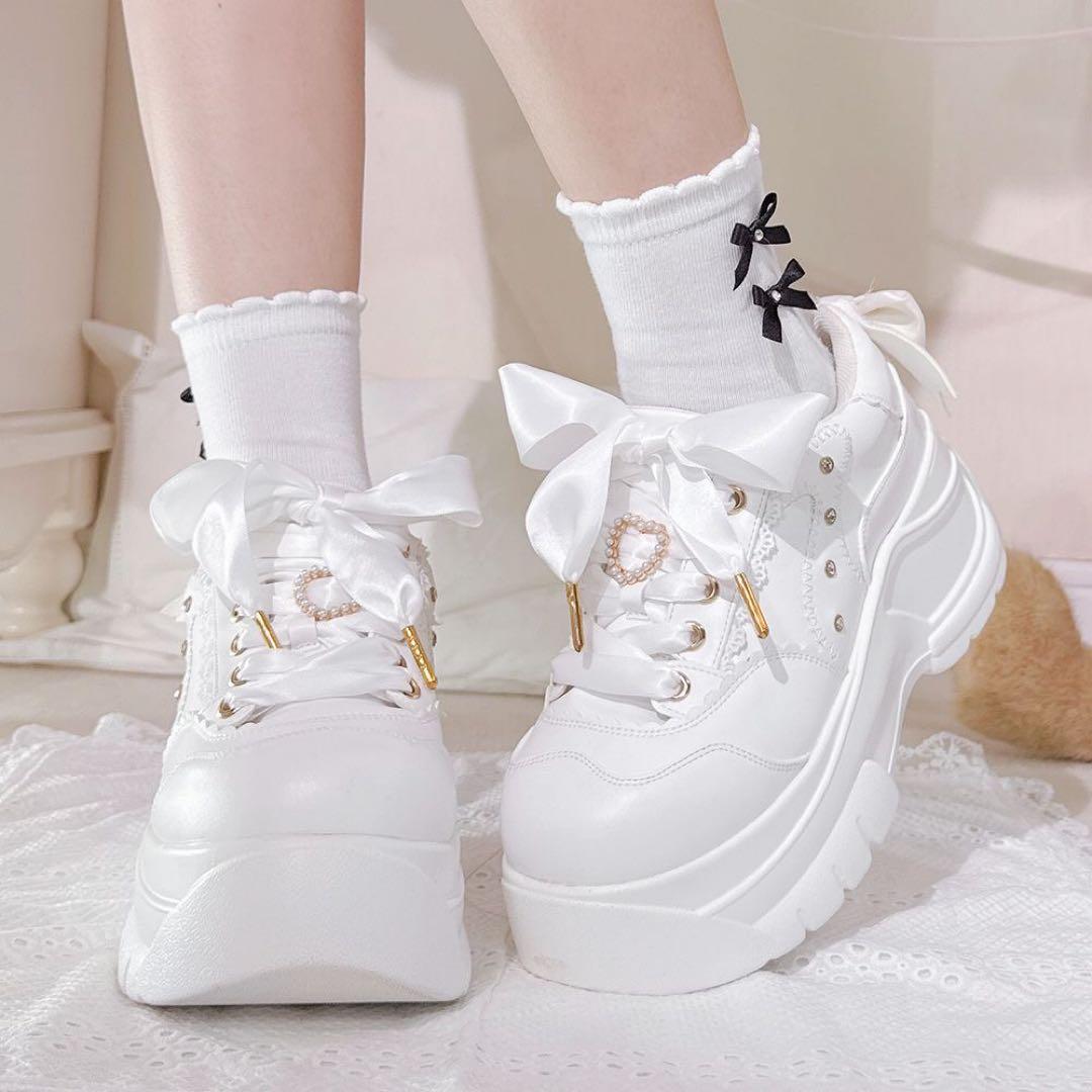 ゴスロリ 厚底スニーカー リボン シューズ 靴 Lolita 地雷系 3色お選び