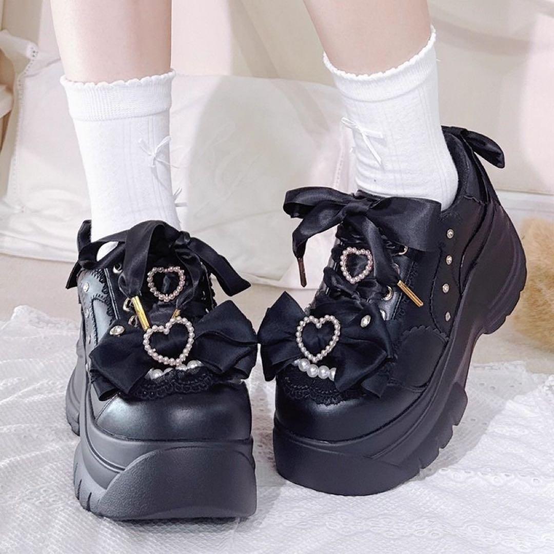 ゴスロリ 厚底スニーカー リボン シューズ 靴 Lolita 地雷系 3色お選び