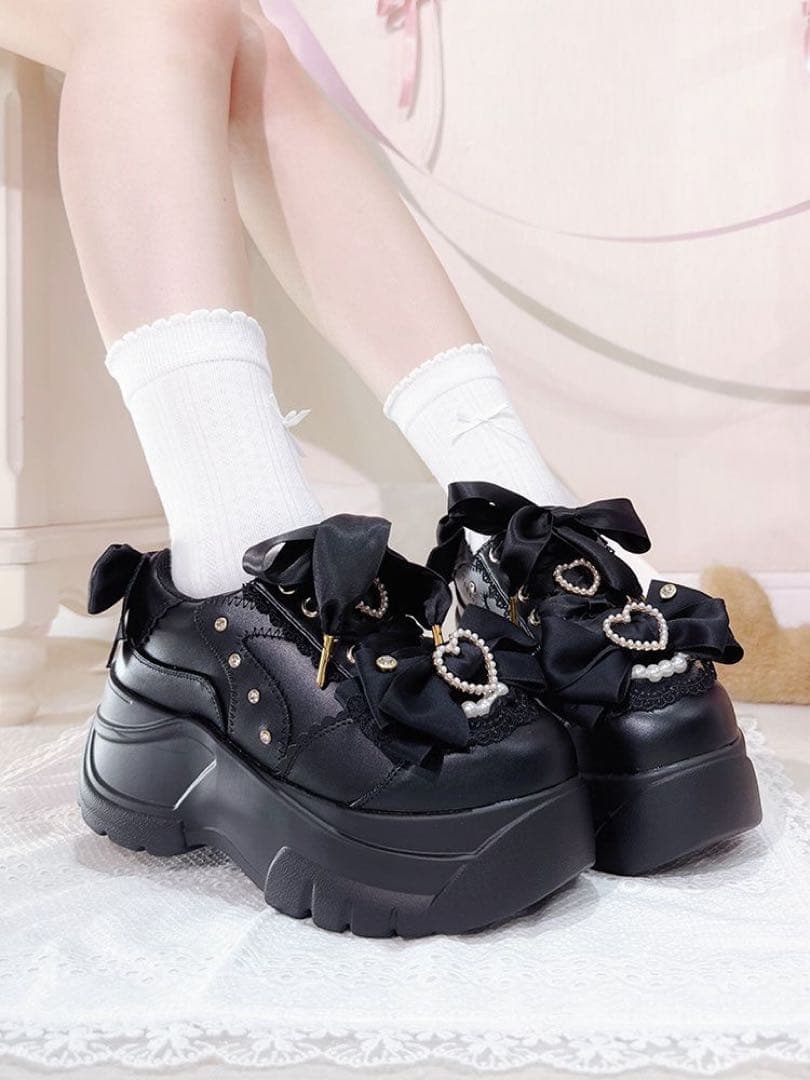 ゴスロリ 厚底スニーカー リボン シューズ 靴 Lolita 地雷系 3色お選び