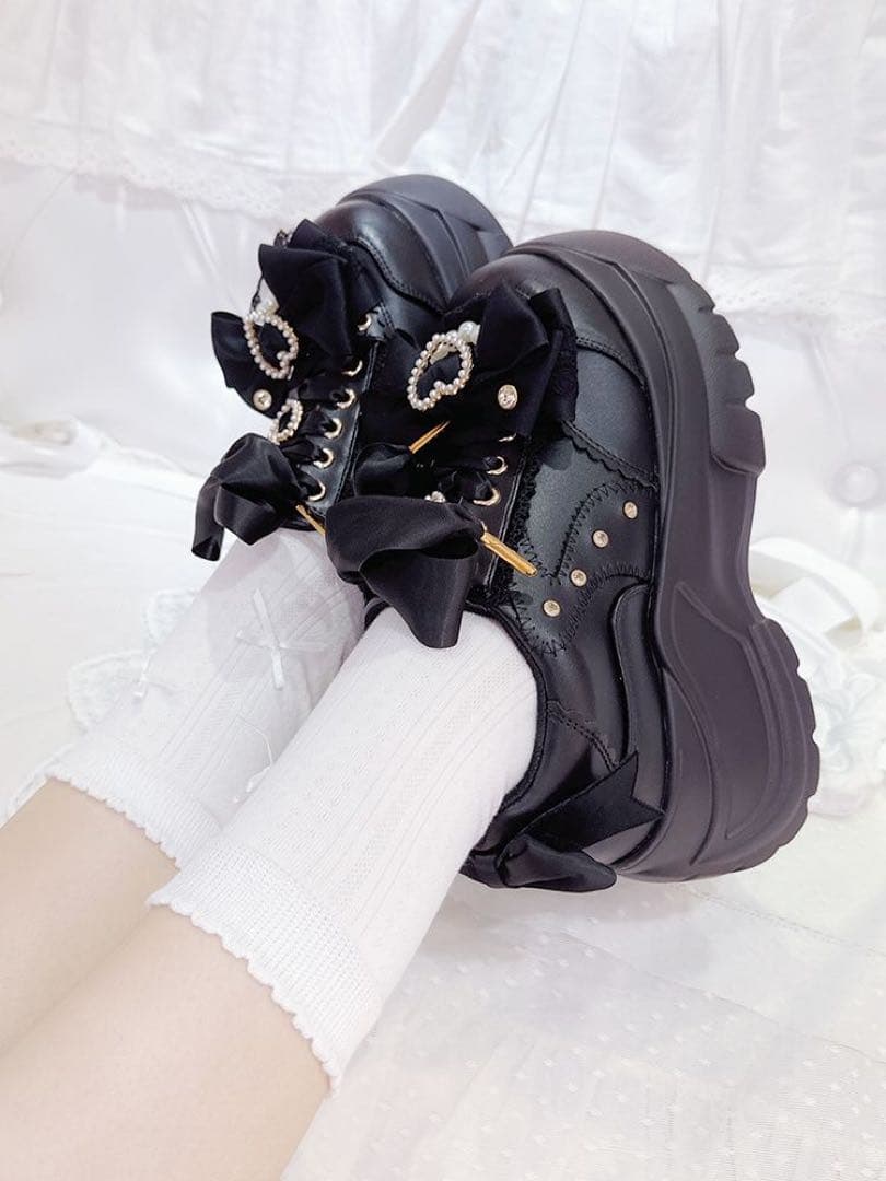 ゴスロリ 厚底スニーカー リボン シューズ 靴 Lolita 地雷系 3色お選び