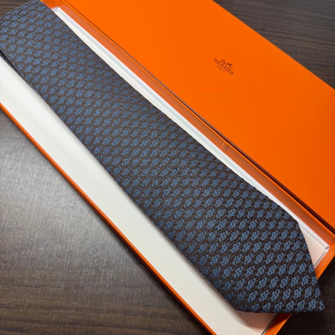 未使用 HERMES エルメス カシミヤ100% ジオメトリック柄 ネクタイ