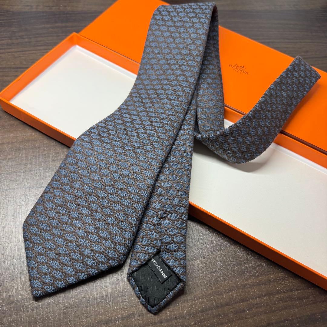 未使用 HERMES エルメス カシミヤ100% ジオメトリック柄 ネクタイ