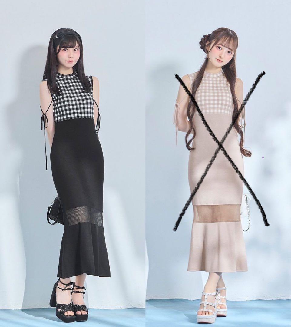 ギンガムチェックロングニットワンピース