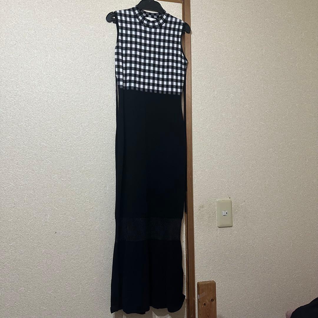ギンガムチェックロングニットワンピース