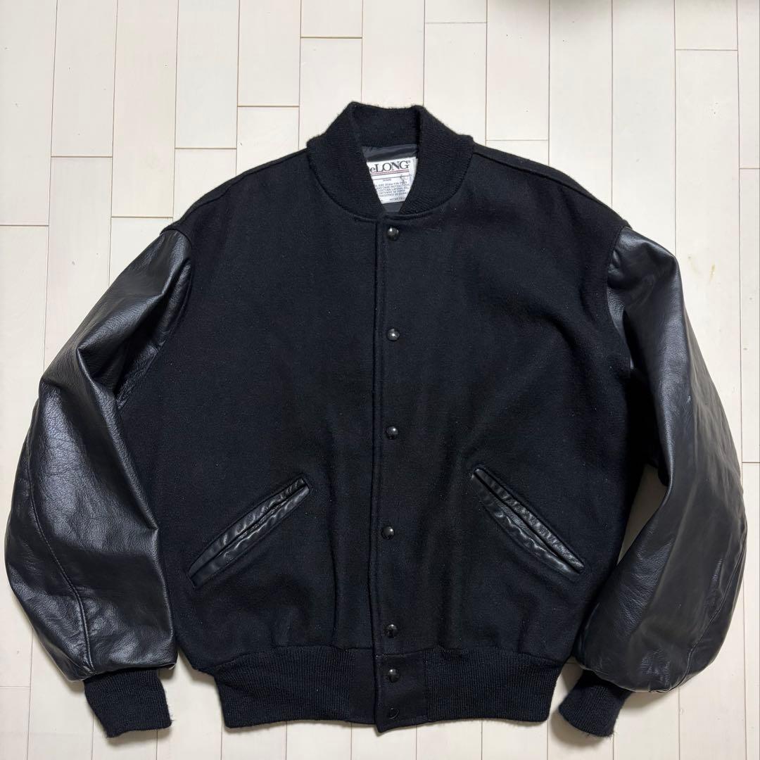 80s DELONG スタジャン メルトン×レザー オールブラック 短丈