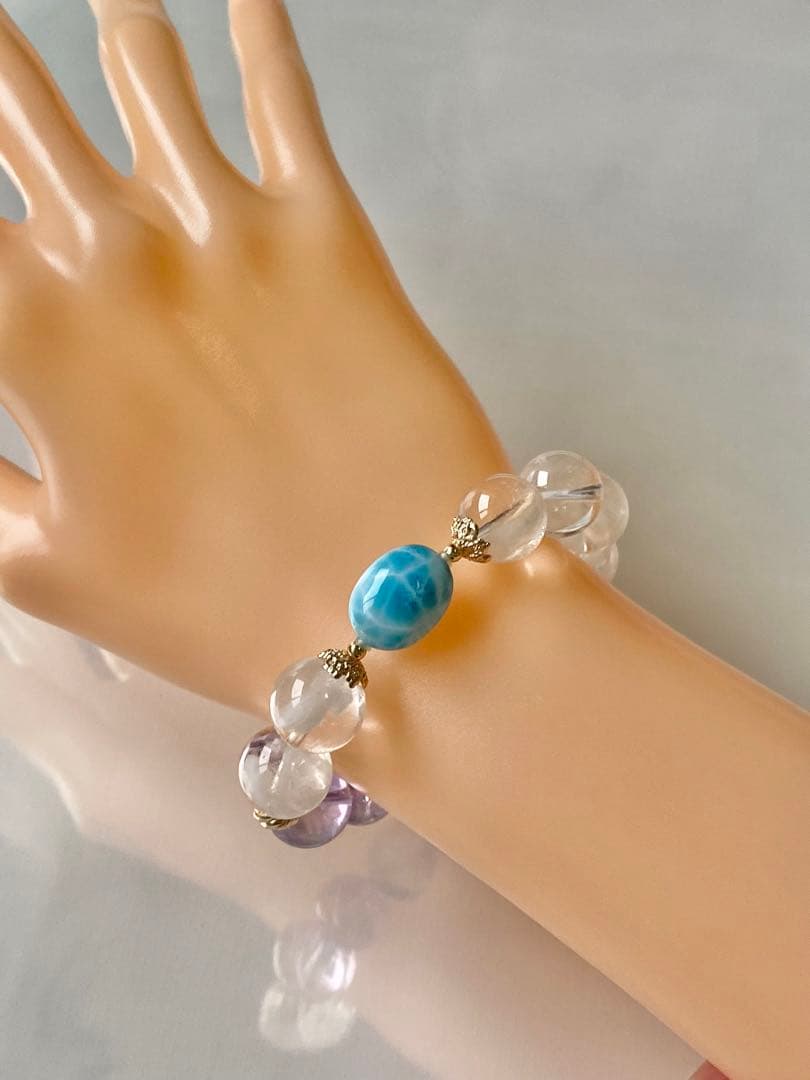 ラリマー×コットンインクリュージョン×ラベンダーアメジストデザインブレスレット