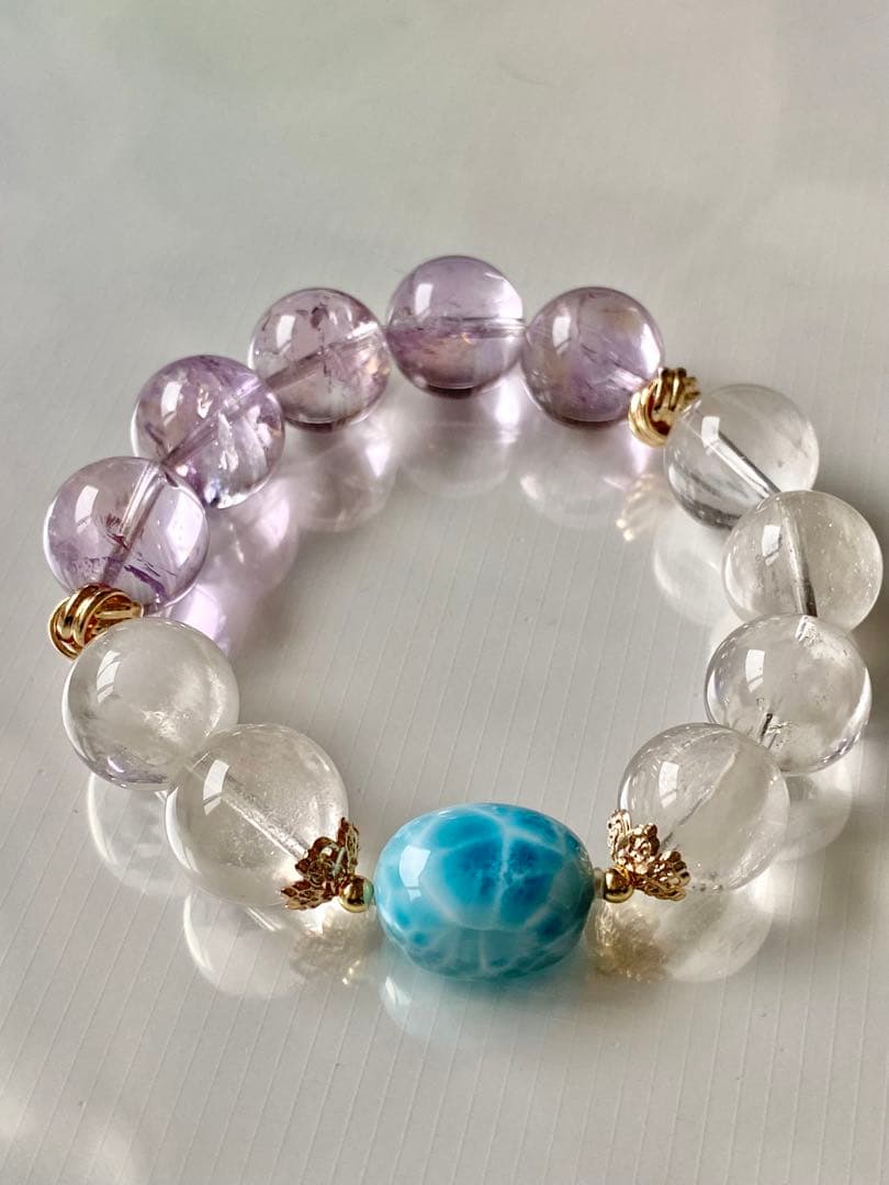 ラリマー×コットンインクリュージョン×ラベンダーアメジストデザインブレスレット