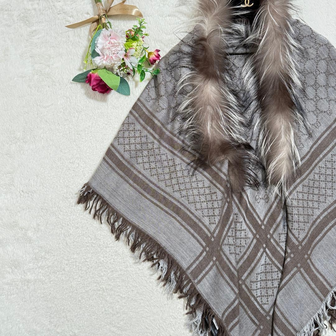 美品✨　グッチ　大判ショールストール　GG柄　シルク混　フォックスファー