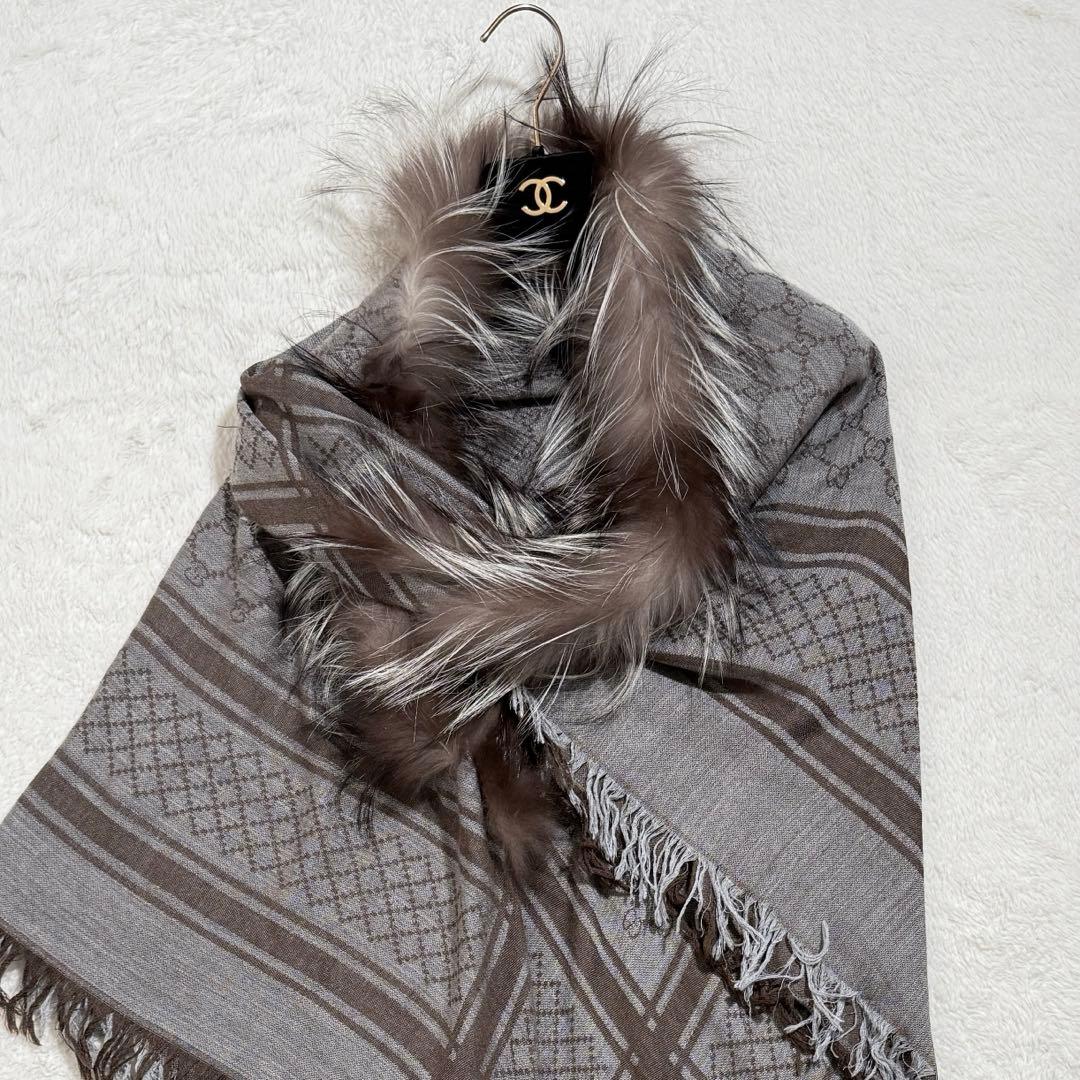 美品✨　グッチ　大判ショールストール　GG柄　シルク混　フォックスファー