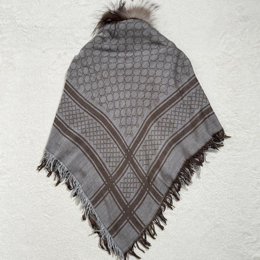 美品✨　グッチ　大判ショールストール　GG柄　シルク混　フォックスファー