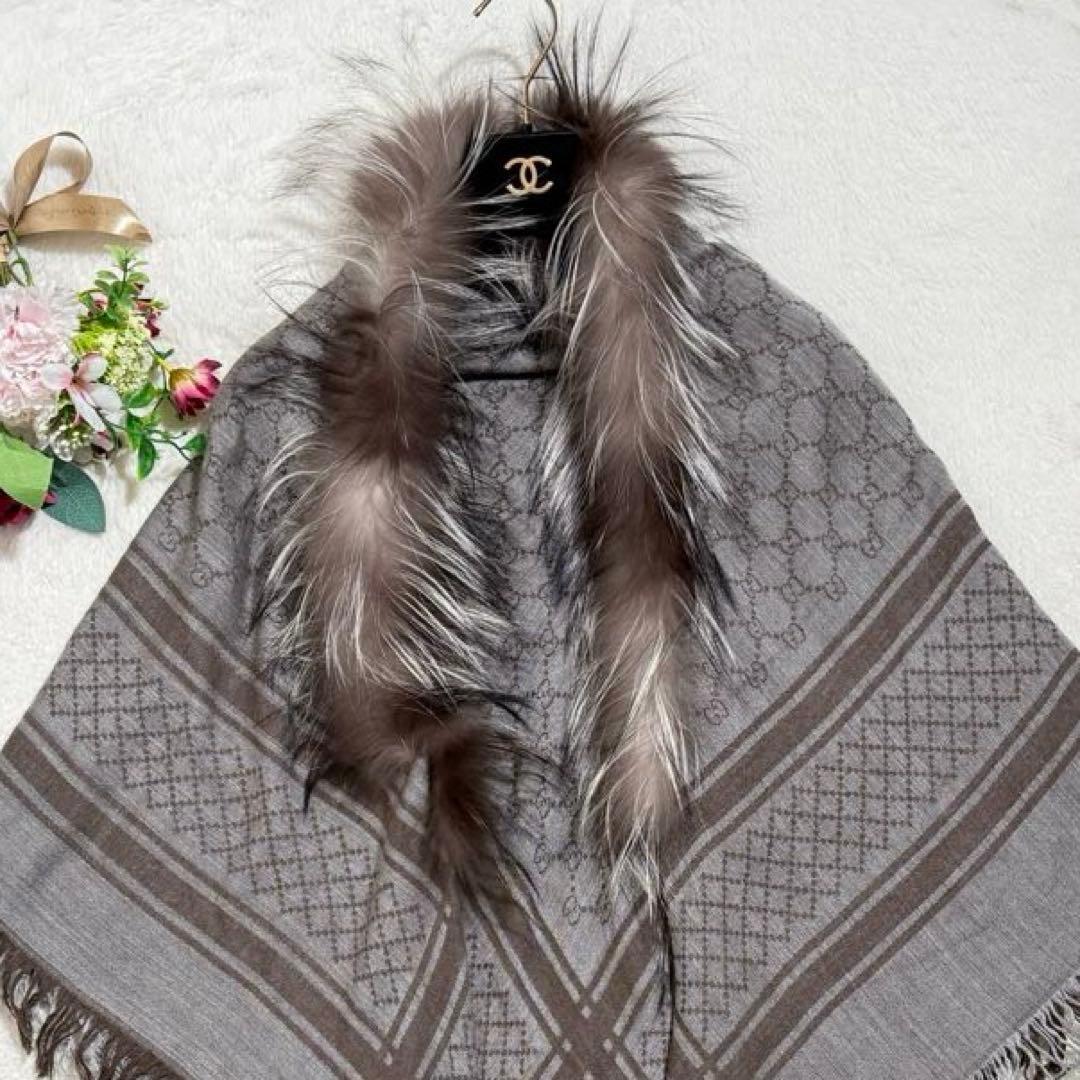 美品✨　グッチ　大判ショールストール　GG柄　シルク混　フォックスファー