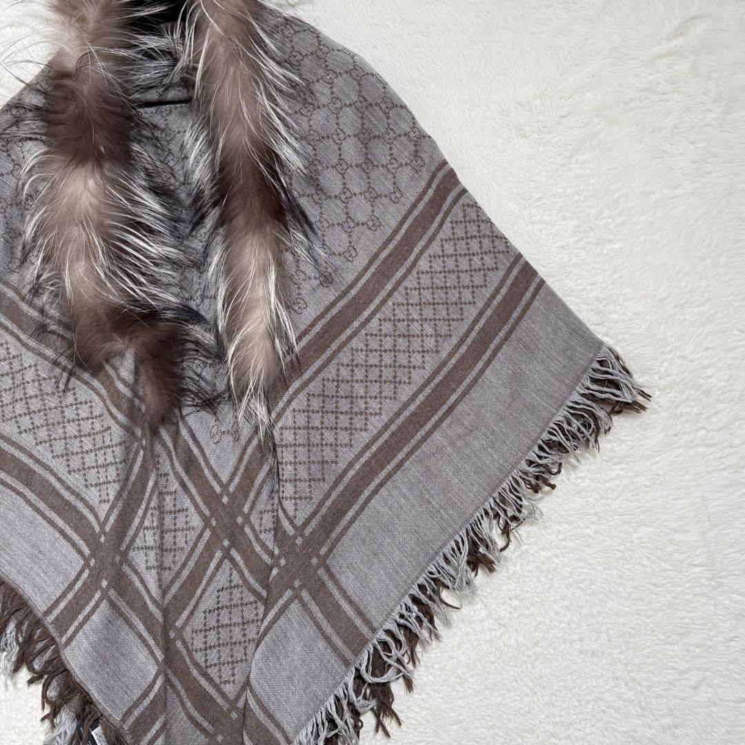 美品✨　グッチ　大判ショールストール　GG柄　シルク混　フォックスファー