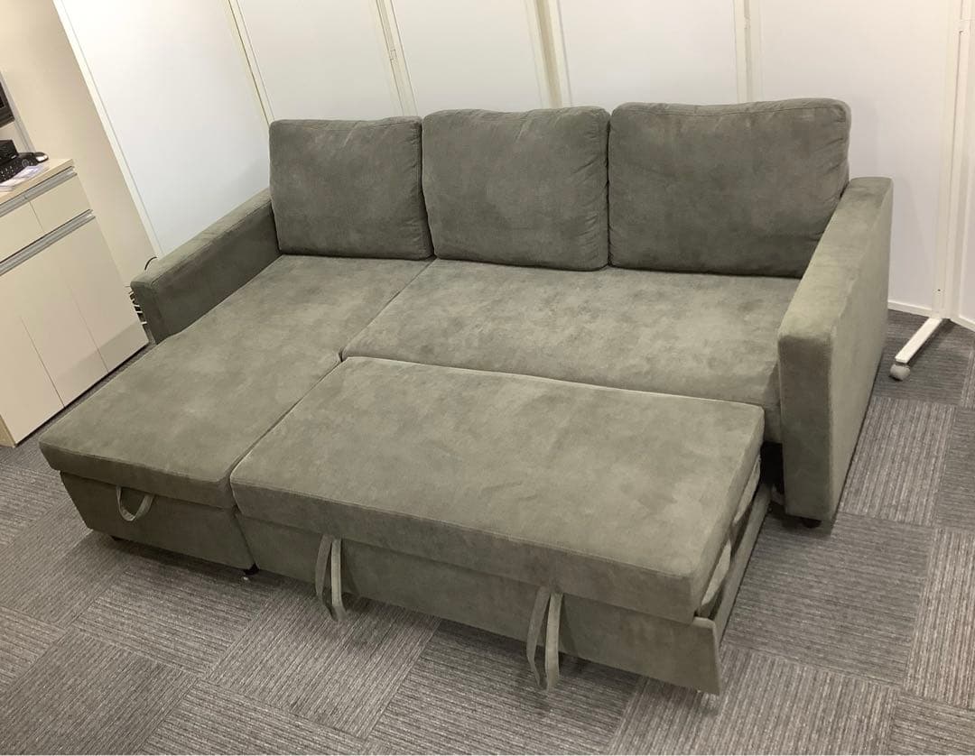 なら 極上中古！ニトリ ソファベッド 布張り 収納付きカウチソファ グレー