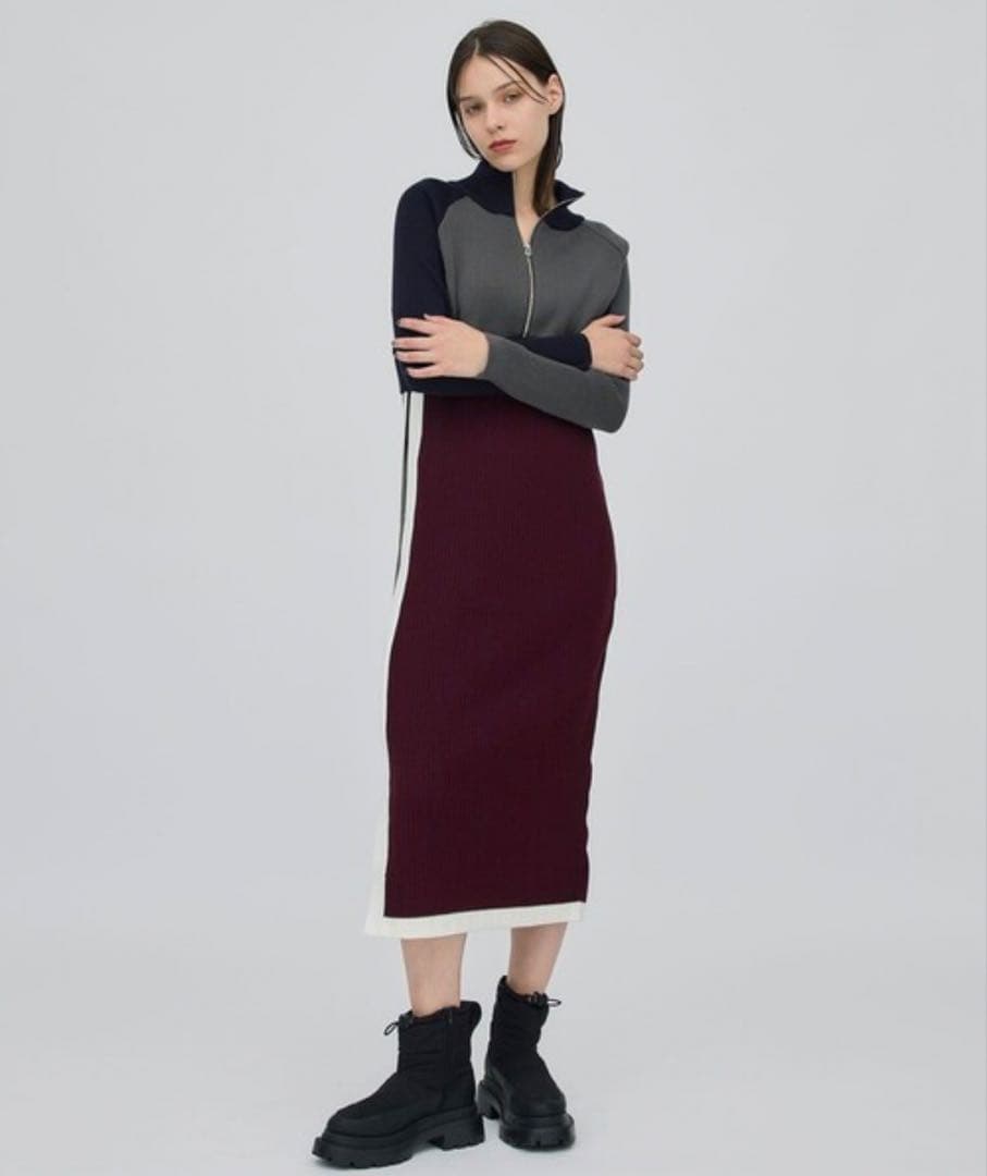 【新品タグ付き】A+TOKYO ハーフジップカラーブロックニットワンピース