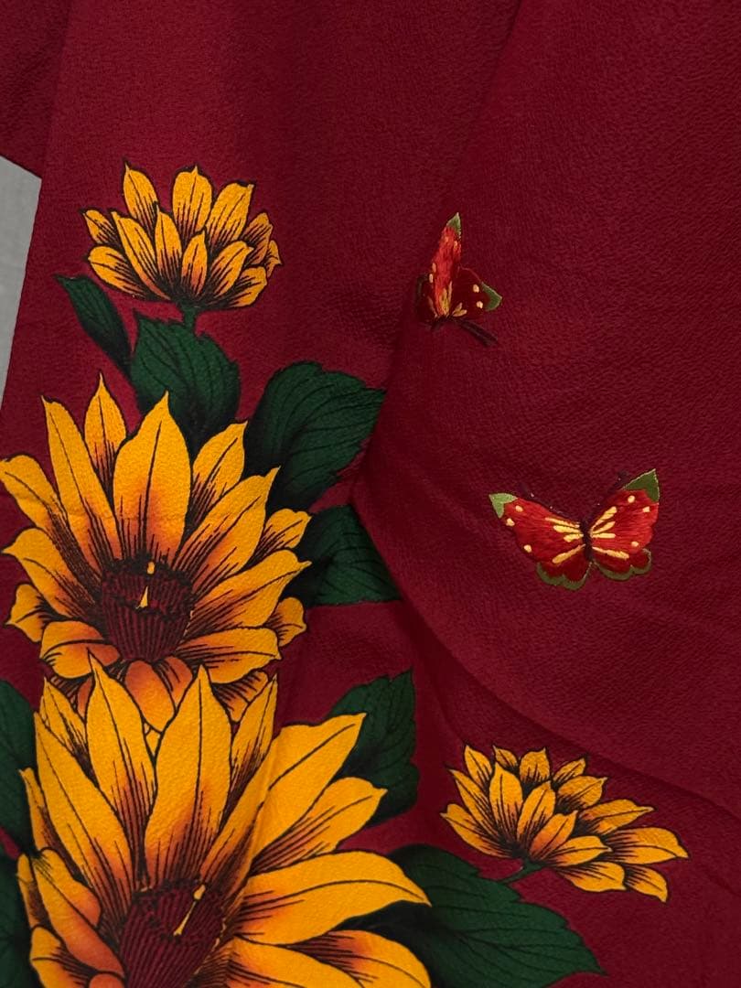 [美品] 単品　本振袖　振袖　正絹　成人式　結婚式　刺繍　蝶　向日葵　高身長