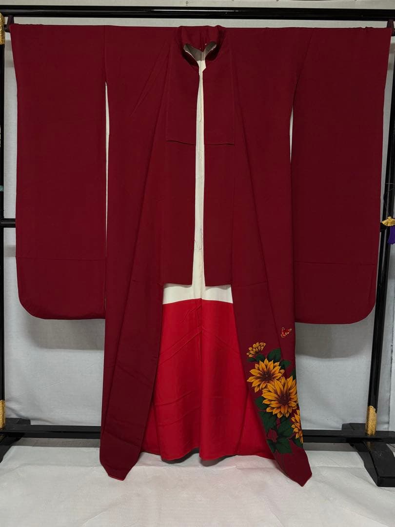 [美品] 単品　本振袖　振袖　正絹　成人式　結婚式　刺繍　蝶　向日葵　高身長