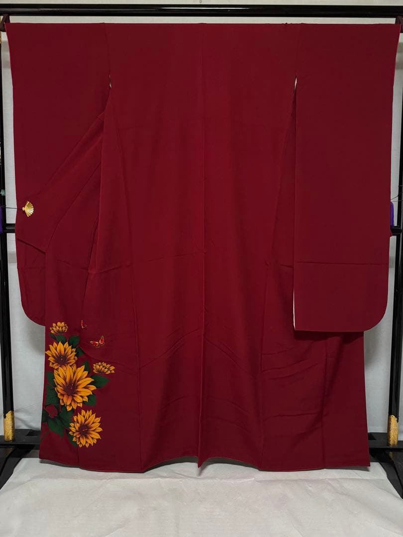 [美品] 単品　本振袖　振袖　正絹　成人式　結婚式　刺繍　蝶　向日葵　高身長
