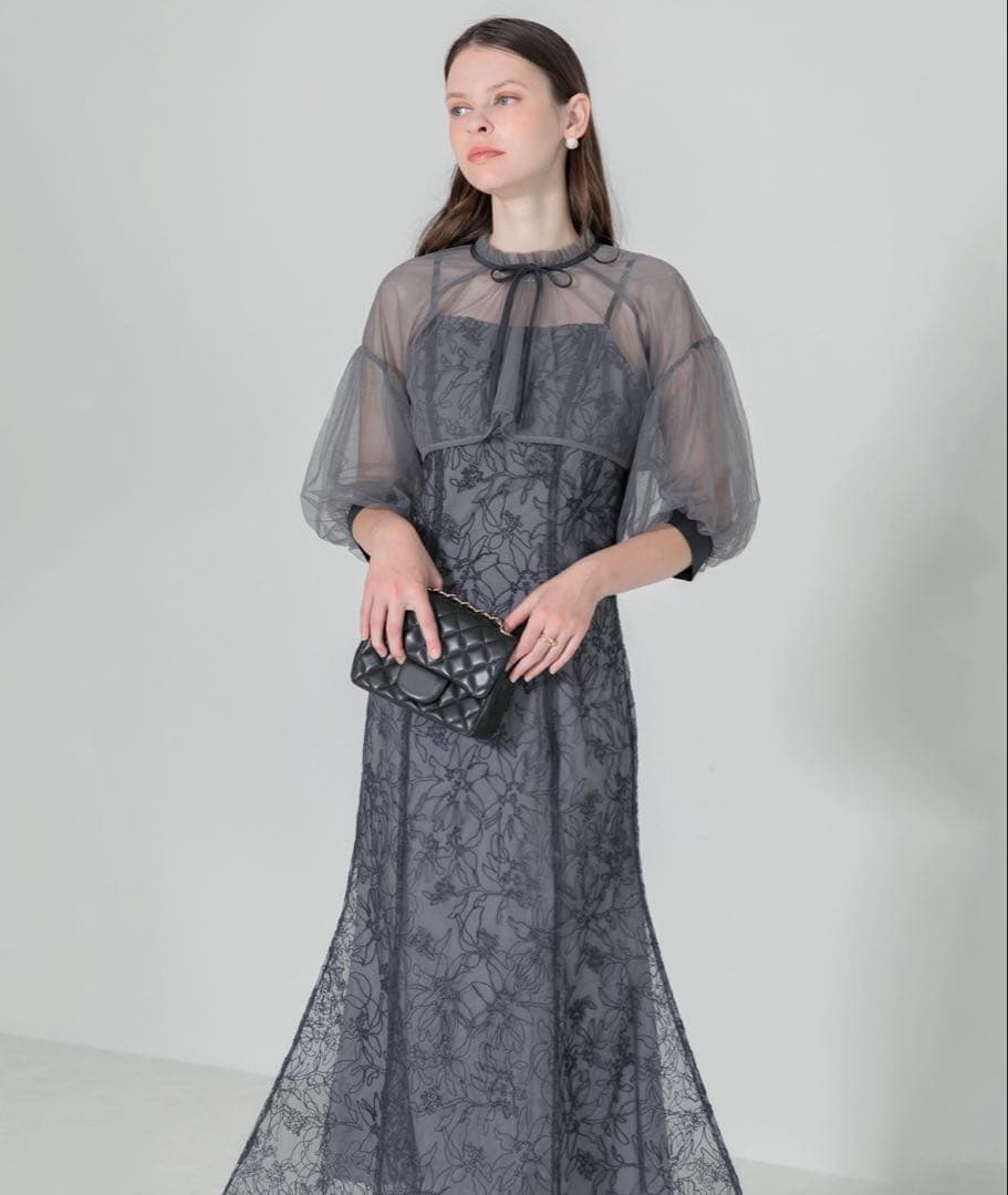 Leja パフスリーブシアーボレロ刺繍レースマーメイドシルエットキャミワンピース