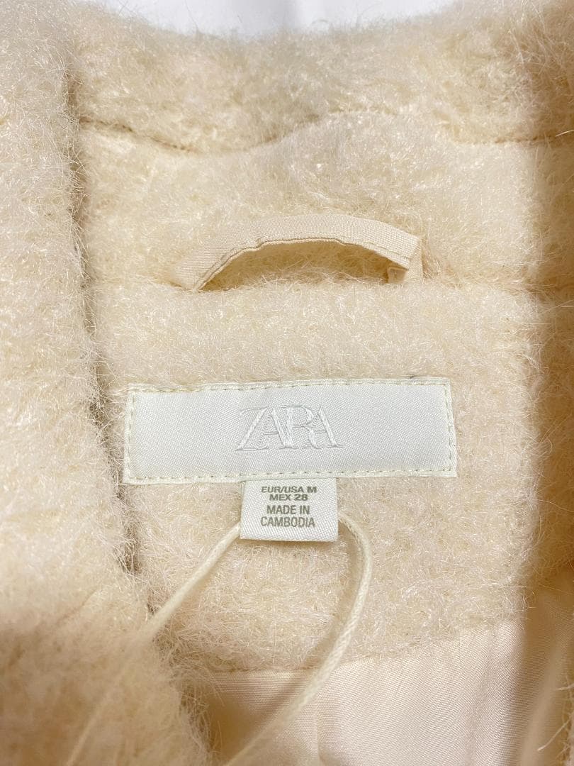 希少 Mサイズ ZARA ブークレダブルブレストミディ丈コート エクリュ