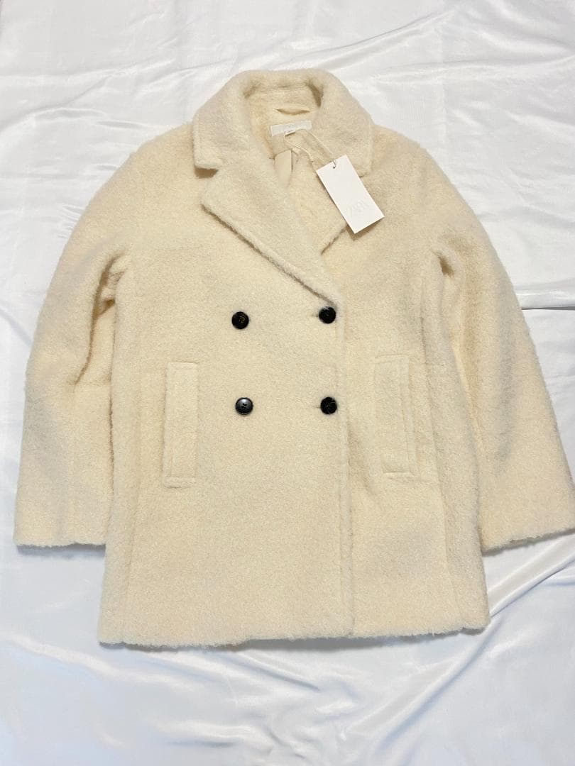 希少 Mサイズ ZARA ブークレダブルブレストミディ丈コート エクリュ