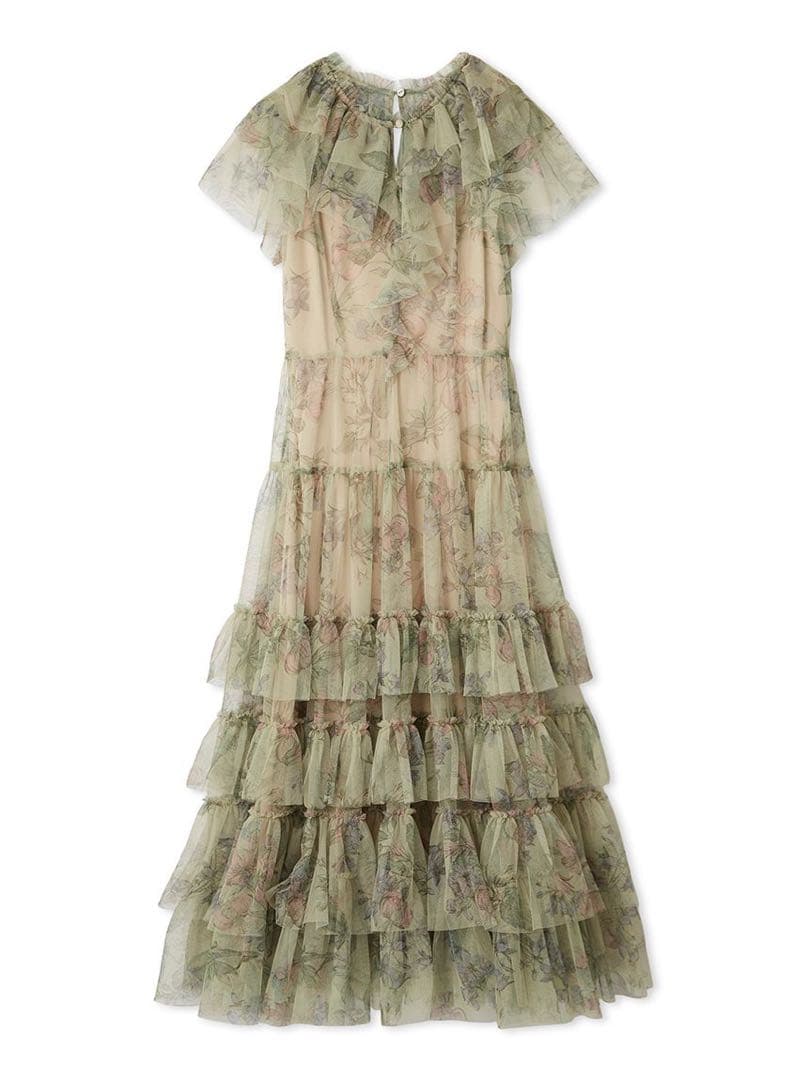 LILY BROWN ボタニカルチュールティアードドレス　BEG 1サイズ