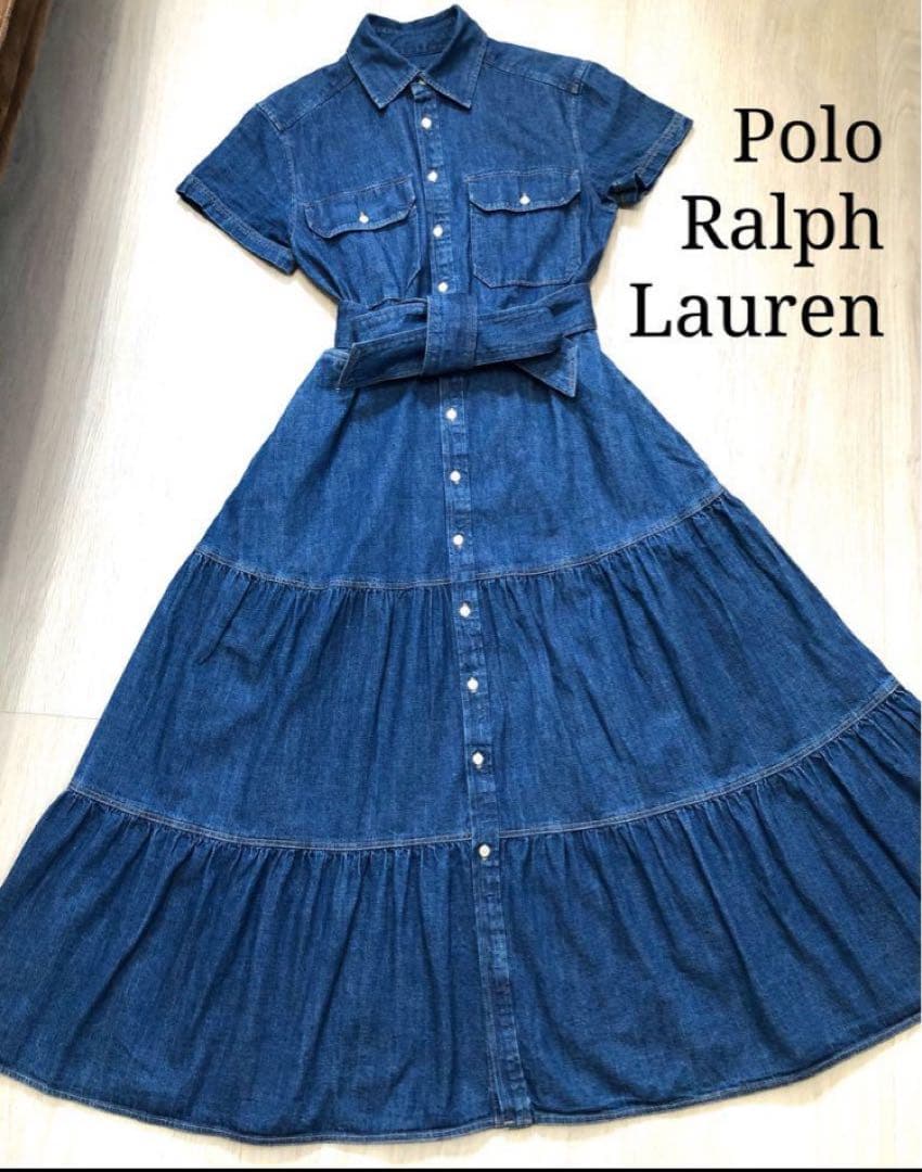 ポロラルフローレン 2ベルデッドティアードコットンドレスSデニムワンピース