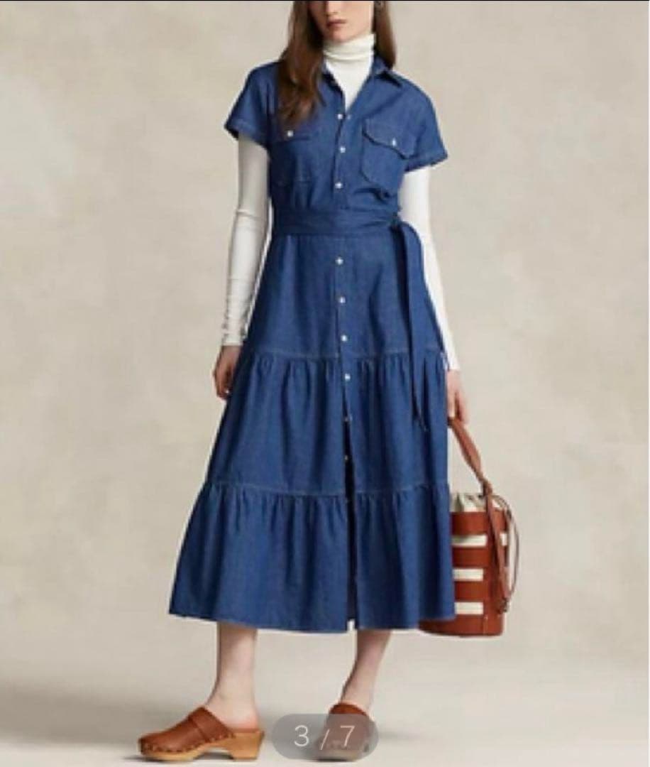 ポロラルフローレン 2ベルデッドティアードコットンドレスSデニムワンピース