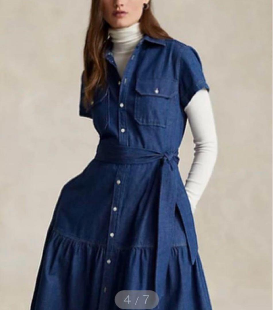 ポロラルフローレン 2ベルデッドティアードコットンドレスSデニムワンピース