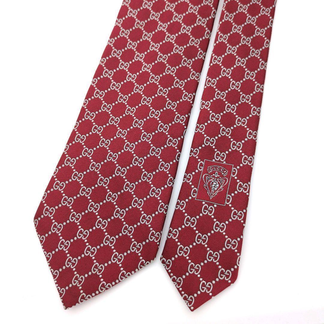 【美品】グッチ ネクタイ レッド シルバー GGチェーン柄 ジャガード 光沢
