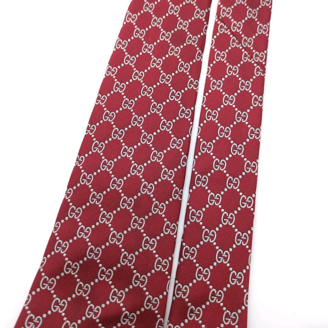 【美品】グッチ ネクタイ レッド シルバー GGチェーン柄 ジャガード 光沢
