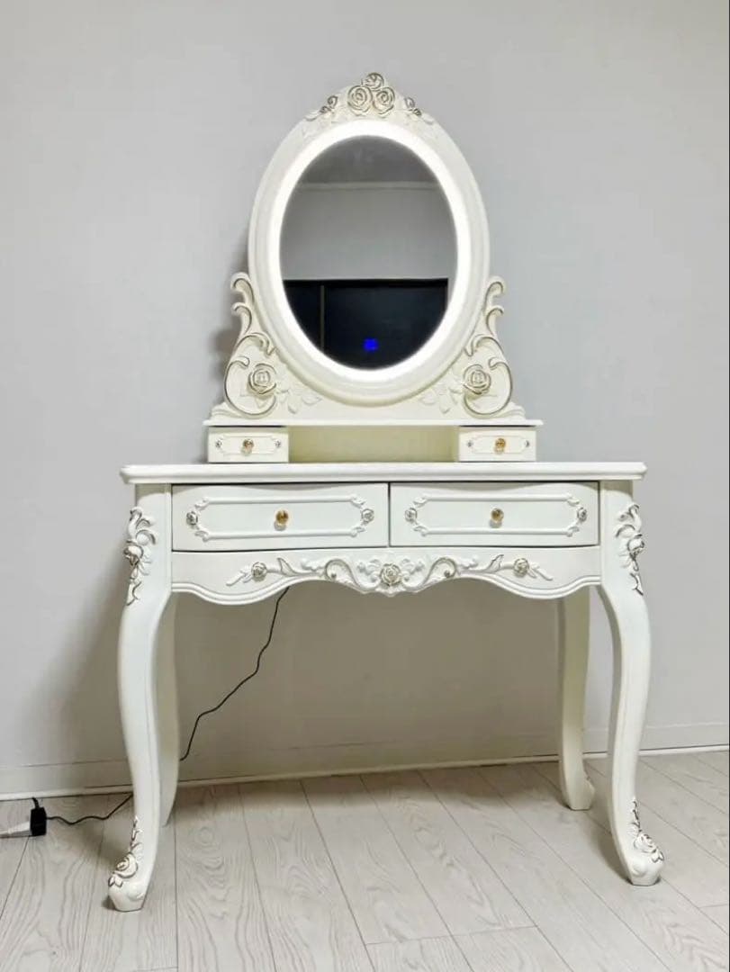 LEDミラー付きロココ調アンティーク可愛いドレッサー化粧台 横幅100cm