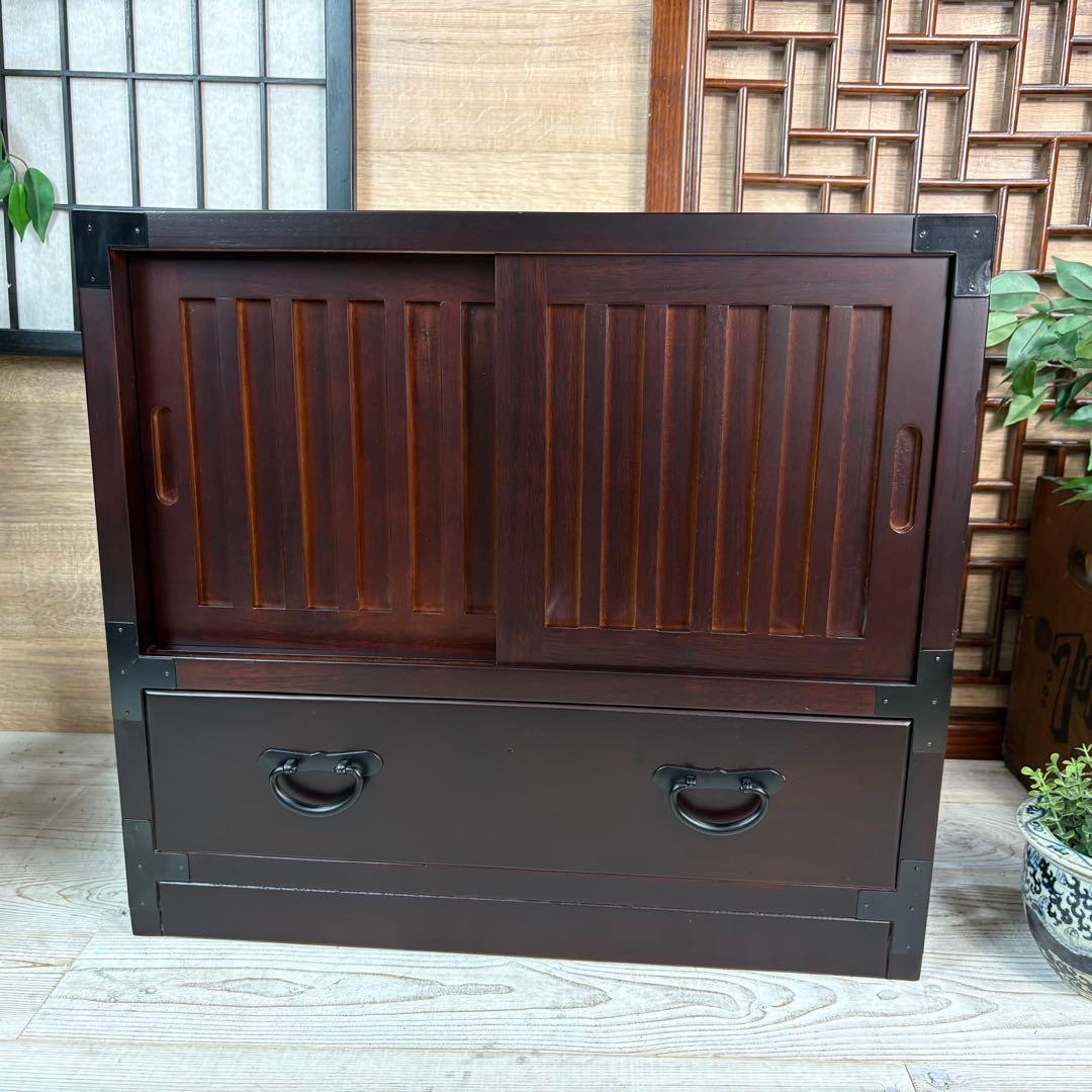 訳あり品！【118】民芸家具木製桐材無垢引き戸チェストタンス木製収納家具和室和風