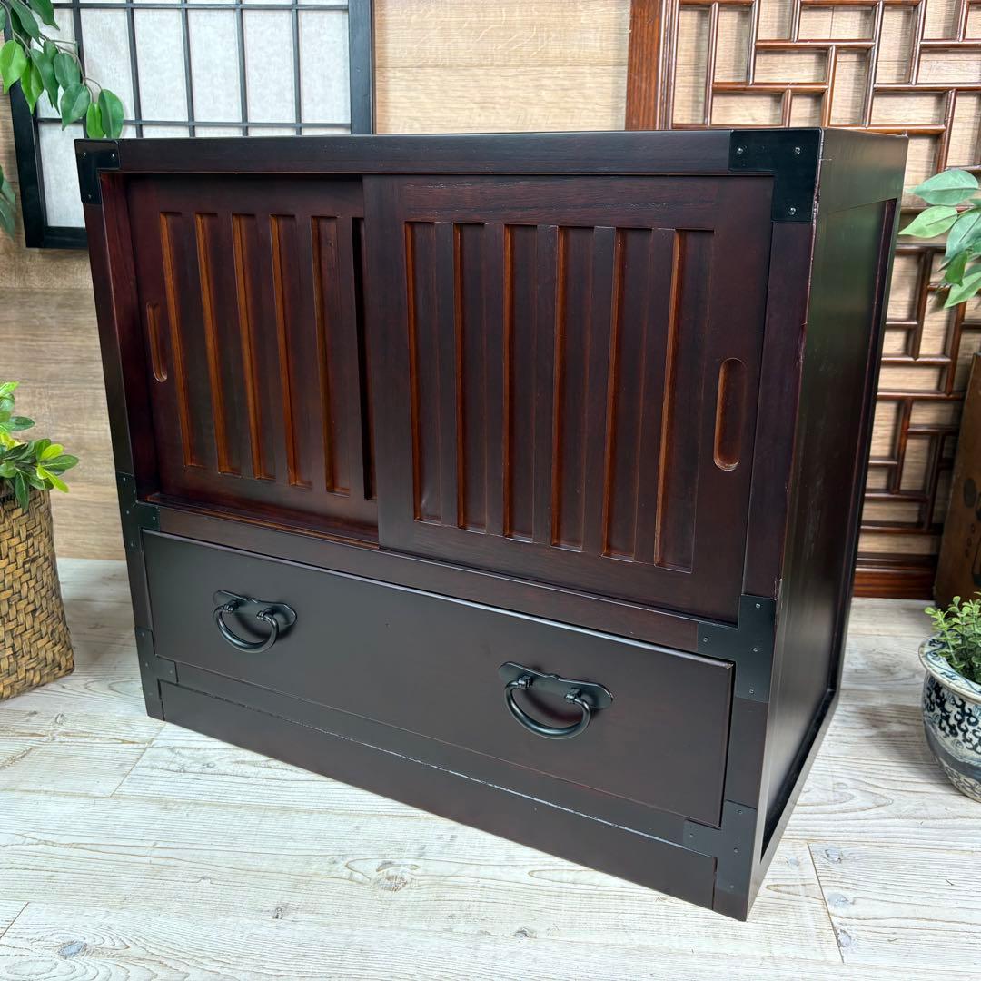 訳あり品！【118】民芸家具木製桐材無垢引き戸チェストタンス木製収納家具和室和風