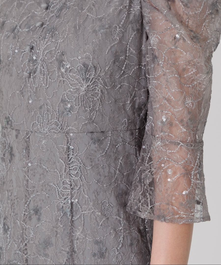 Leja スパンコール花柄刺繍ソフトパフスリーブドレスワンピース