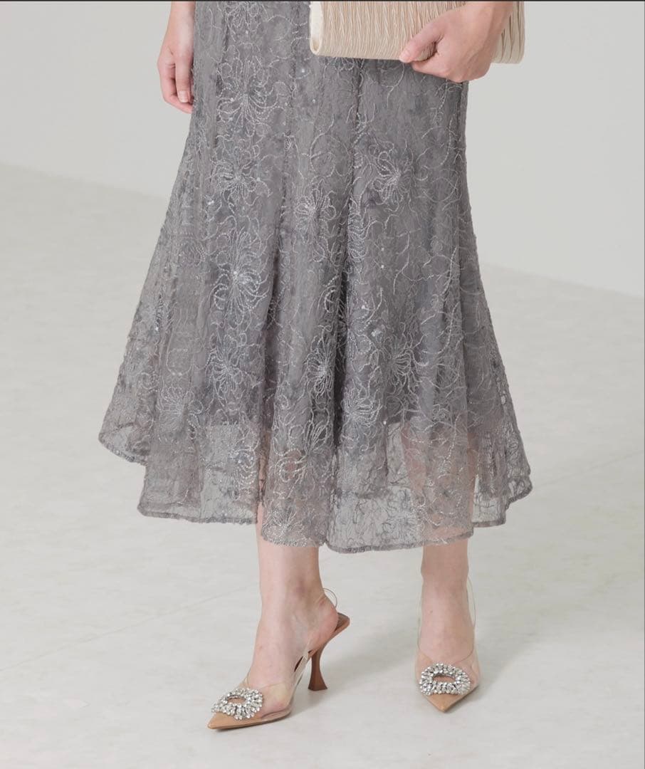 Leja スパンコール花柄刺繍ソフトパフスリーブドレスワンピース