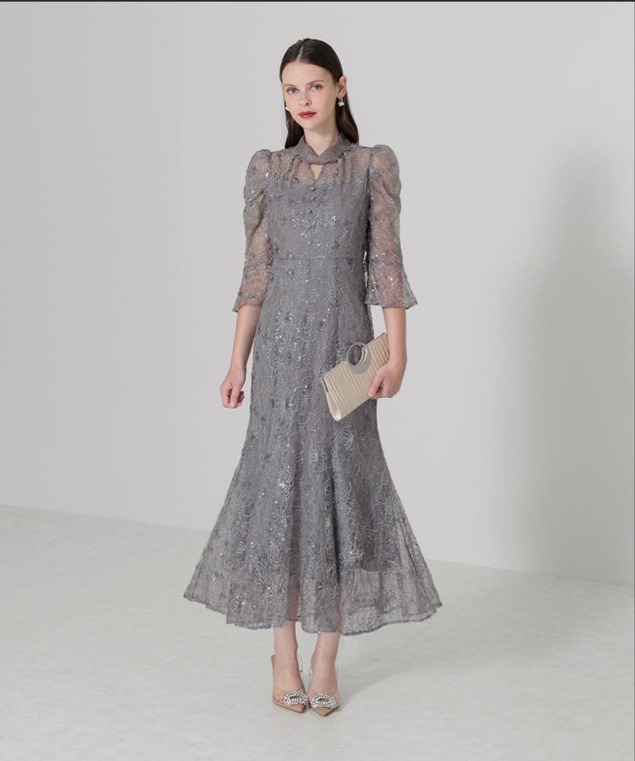 Leja スパンコール花柄刺繍ソフトパフスリーブドレスワンピース