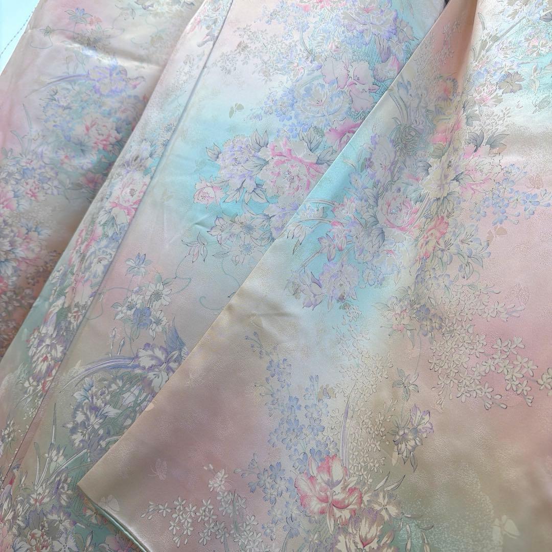 497 振袖フルセット 正絹 ピンク 水色 生成 銀彩 総手書き 暈し染め 蝶