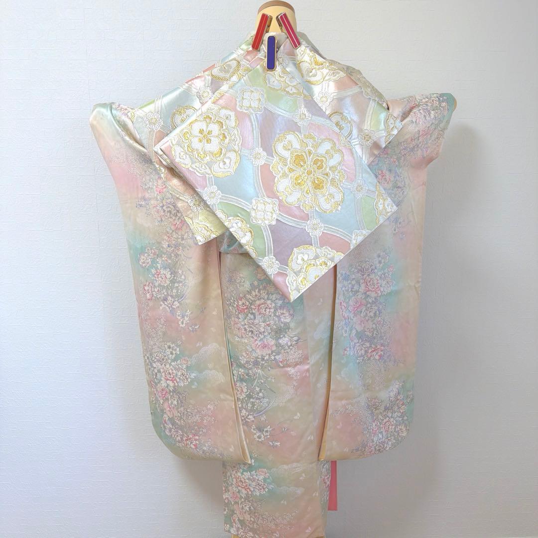 497 振袖フルセット 正絹 ピンク 水色 生成 銀彩 総手書き 暈し染め 蝶