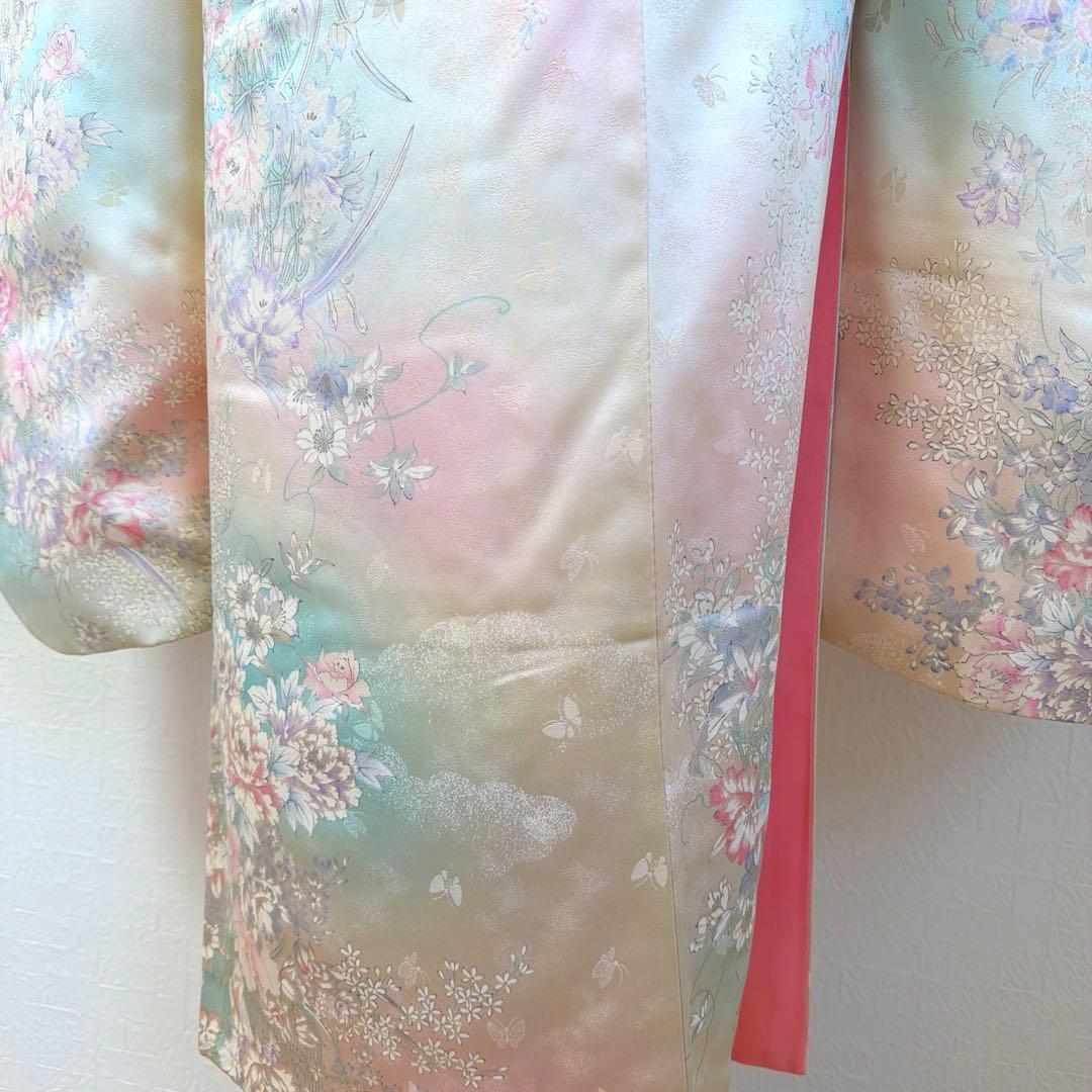 497 振袖フルセット 正絹 ピンク 水色 生成 銀彩 総手書き 暈し染め 蝶