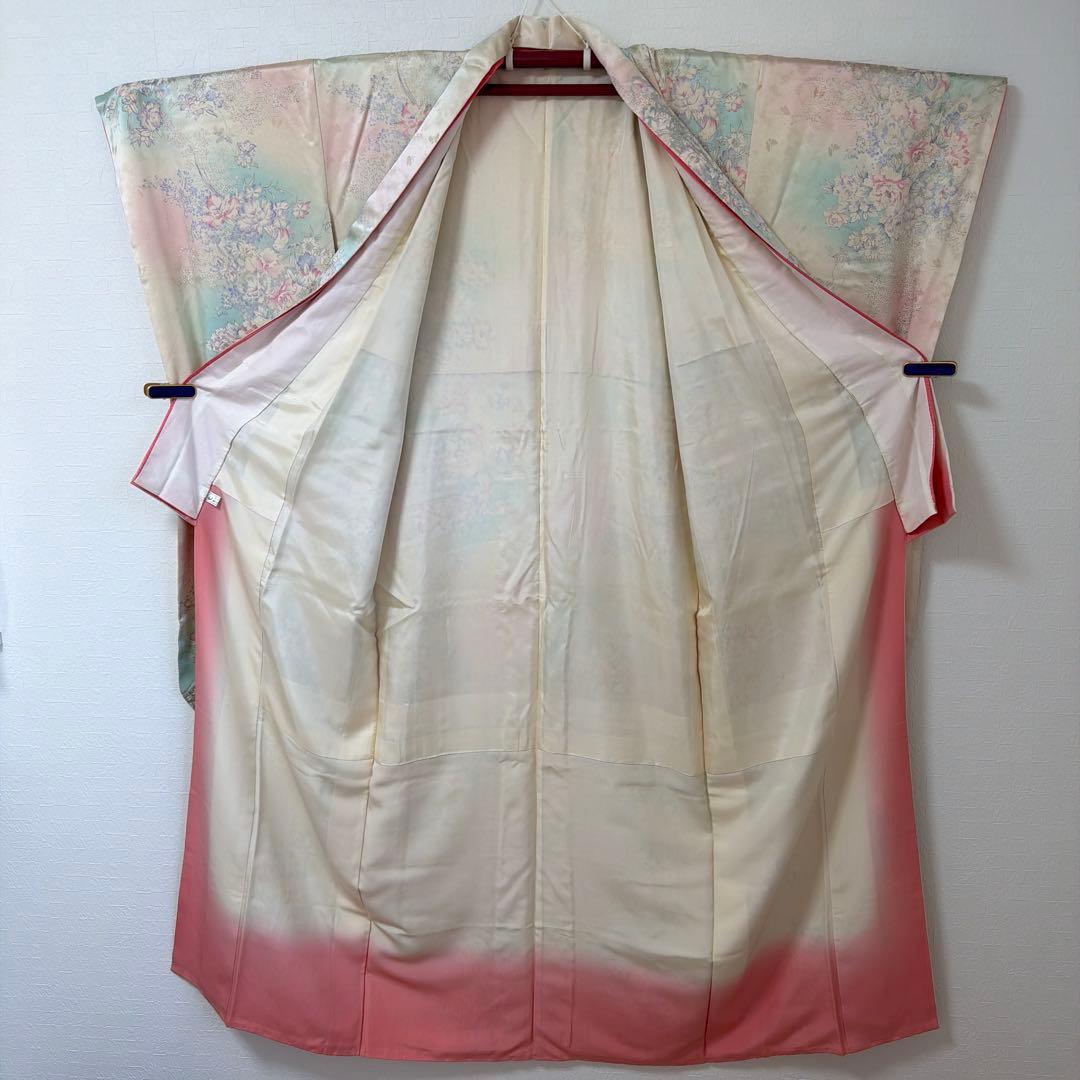 497 振袖フルセット 正絹 ピンク 水色 生成 銀彩 総手書き 暈し染め 蝶
