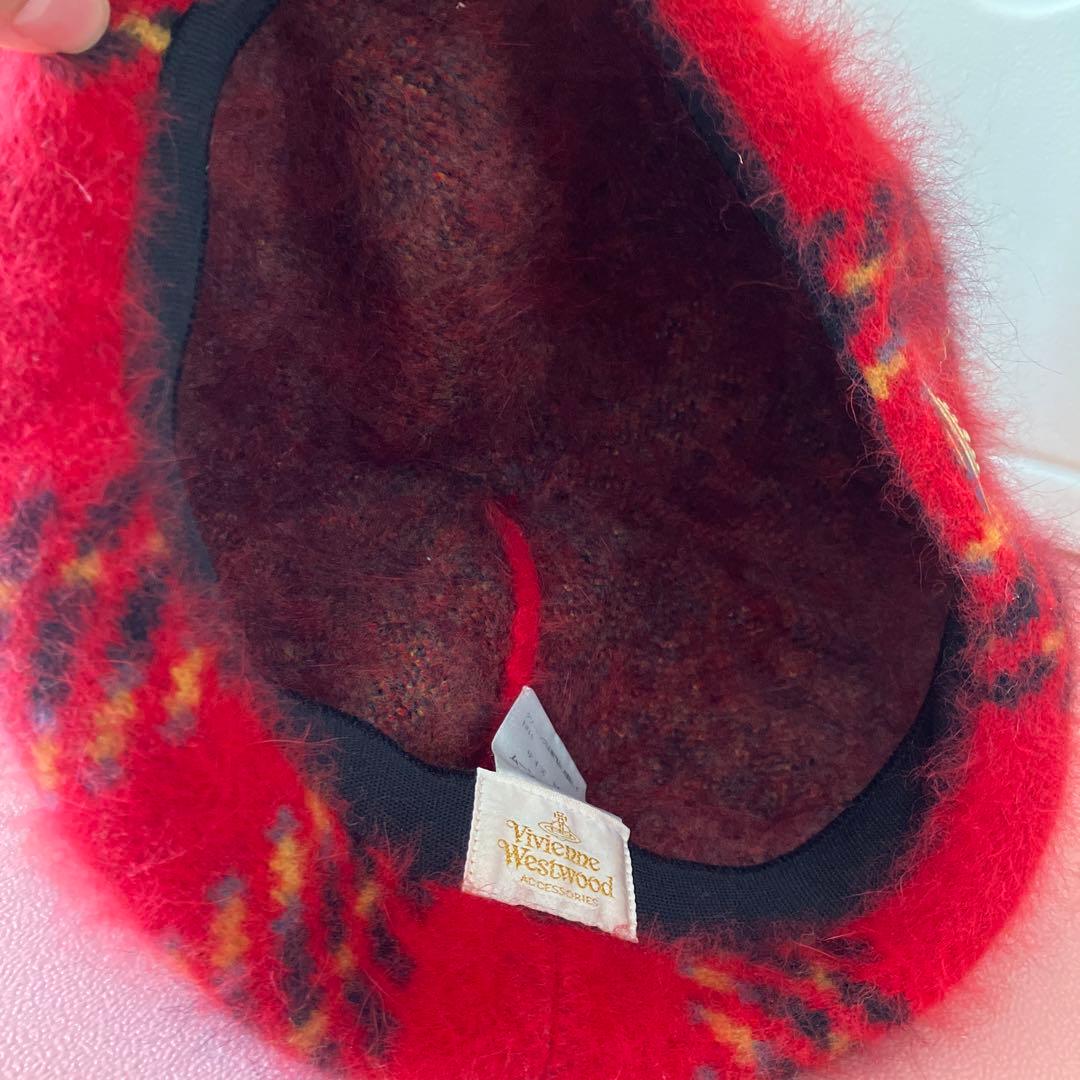 vivienne Westwood ポンポン付き赤黒チェックベレー帽