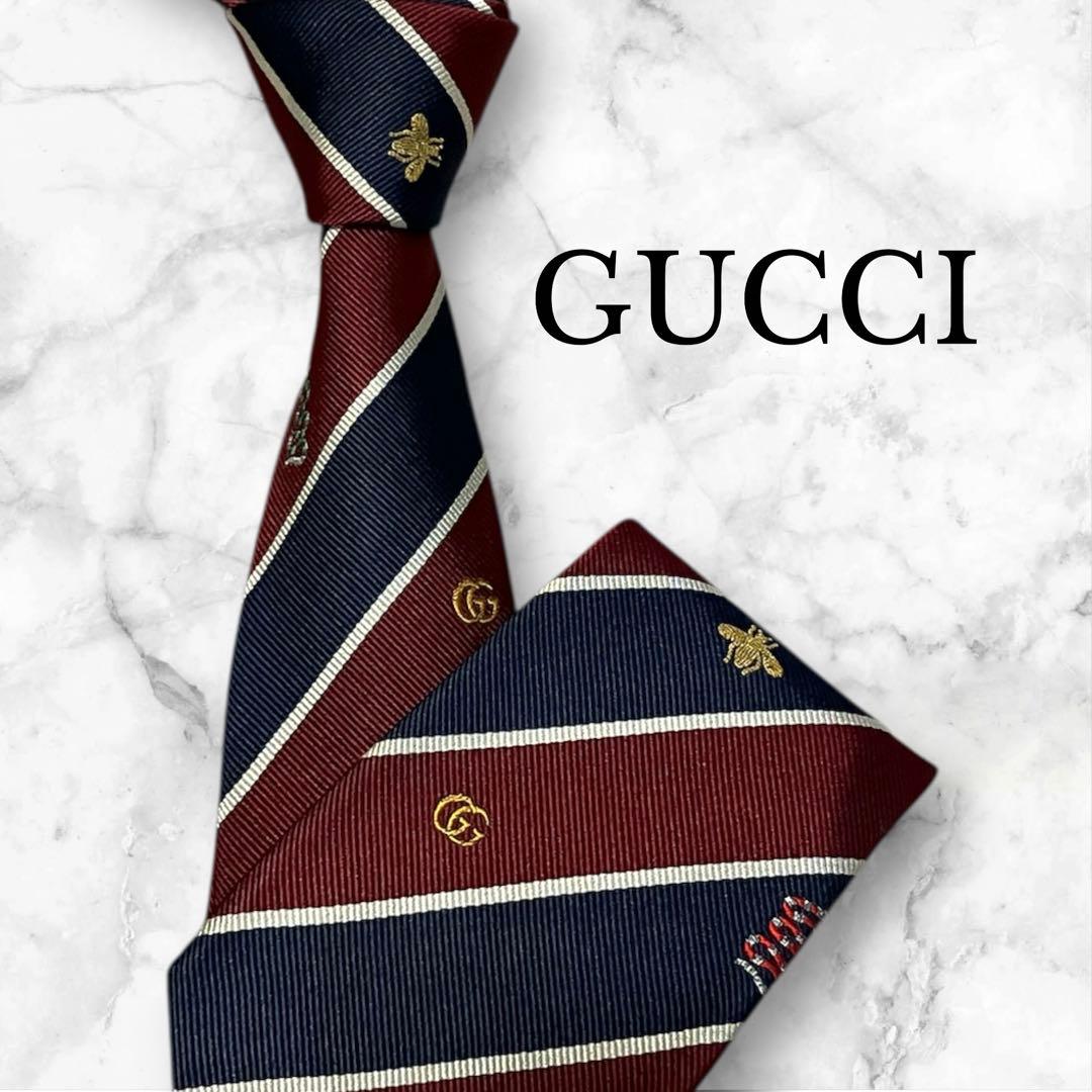 GUCCI グッチ　ネクタイ　シンボルズ　GG柄　赤　ストライプ