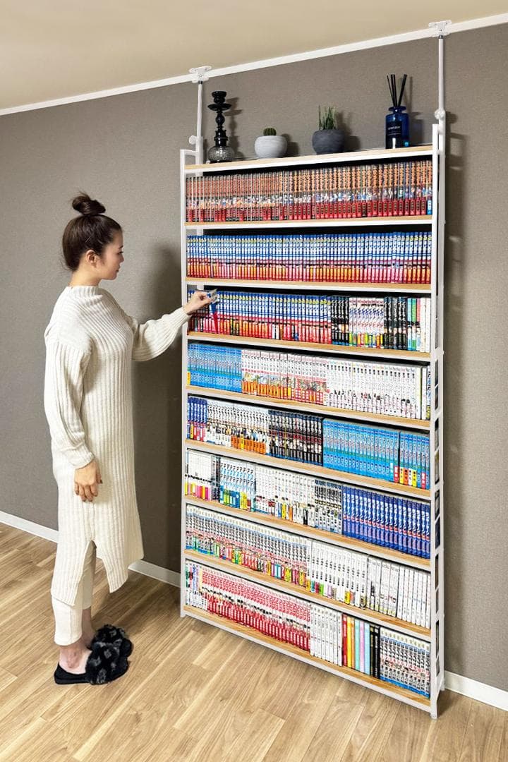 8tail 本棚 突っ張りラック 最大540冊収納　ホワイト×ナチュラル