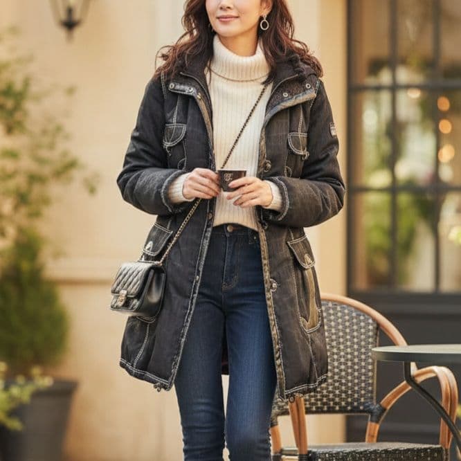 ​美品 伊太利屋 GK ダウンコート クロコ型押し ラメ 異素材 ブラック 9号